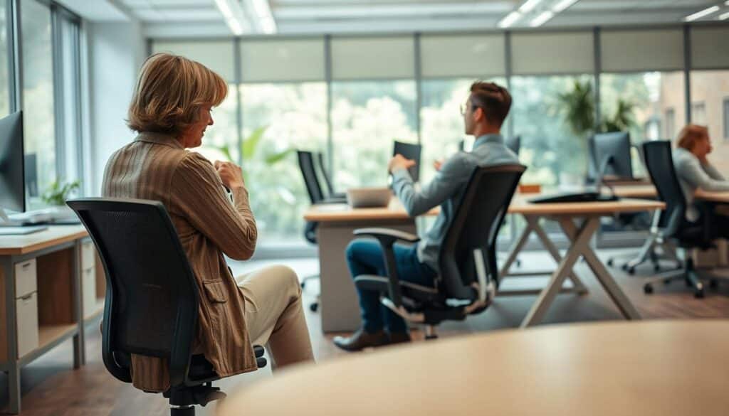 A professional office setting featuring a diverse group of individuals demonstrating ideal ergonomic sitting positions at their desks. In the foreground, a middle-aged woman adjusts her chair height, ensuring her feet are flat on the floor, with her back straight against the chair. In the middle ground, a young man is seated comfortably, using a computer with his elbows at a 90-degree angle, maintaining a relaxed posture. The background reveals a modern office space with ergonomic furniture, soft lighting that creates a calm atmosphere, and greenery visible through the windows. Photographed with a Sony A7R IV at 70mm, the image is sharply defined, showcasing the focus on body posture while emphasizing professionalism.