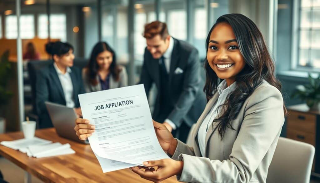 A professional office setting featuring a diverse group of individuals engaged in a collaborative atmosphere. In the foreground, a well-dressed young woman confidently holds a beautifully formatted job application, beaming with optimism. In the middle ground, two colleagues, a man and a woman in business attire, discuss strategies to perfect their applications, surrounded by neatly arranged paperwork and a laptop. The background showcases a modern office with glass walls and natural light streaming in, highlighting a sense of professionalism. The lighting is warm and inviting, with a soft focus on the interactions. Shot on a Sony A7R IV at 70mm, the composition is crisp and richly detailed, evoking a mood of inspiration and motivation for job seekers.