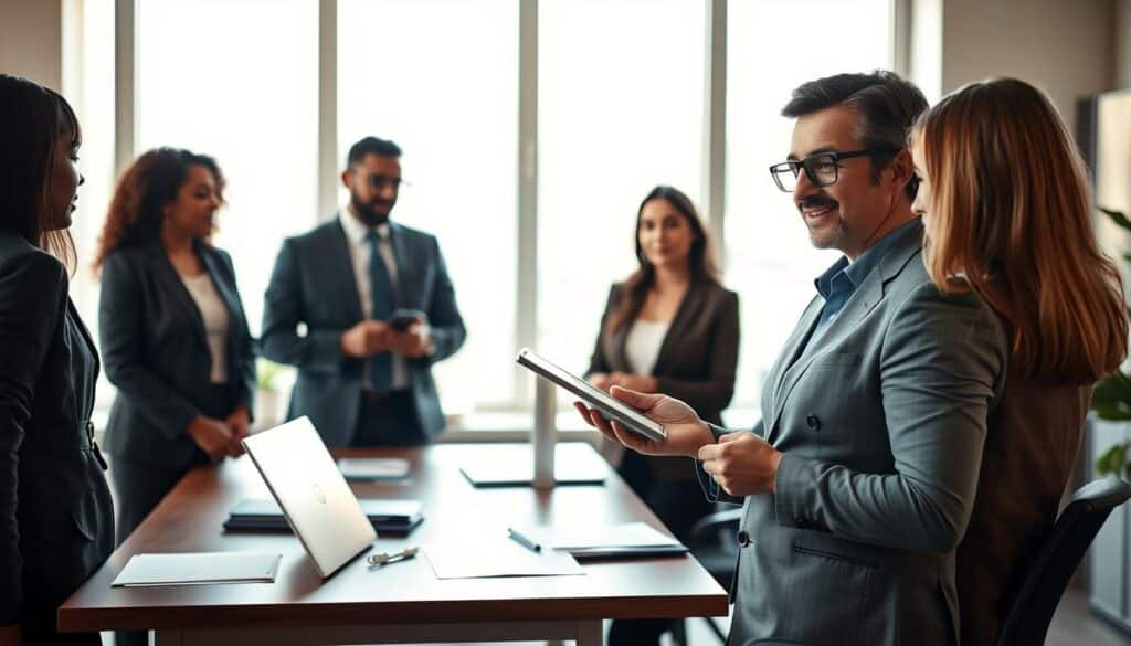A professional office setting featuring a diverse group of individuals engaged in a discussion about resigning from their jobs. In the foreground, a confident woman in business attire is presenting tips on a digital tablet, while a man beside her takes notes. The middle ground shows a desk organized with resignation letters and a laptop, indicating preparation for a smooth resignation process. In the background, sunlight filters through large windows, creating a warm and welcoming atmosphere. The scene is captured with a sharp focus and clear details, using a Sony A7R IV at 70mm, emphasizing professionalism and collaboration, with a polarized filter enhancing the natural light. The overall mood is constructive and supportive, reflecting a proactive approach to handling resignations.