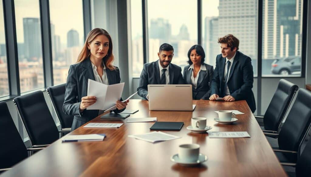 A professional office setting featuring a diverse group of individuals engaged in a discussion about job switching. In the foreground, a confident woman in a business suit is holding a resume, surrounded by two colleagues, one man in smart casual attire and another woman in a tailored blouse, all looking thoughtfully at a laptop screen displaying job listings. The middle ground includes an elegant wooden conference table scattered with notes and coffee cups, signifying a serious yet collaborative atmosphere. The background shows large windows with city skyline views and natural light flooding the room, creating a bright and hopeful mood. Shot on a Sony A7R IV 70mm lens, with clarity and sharp definition, enhanced by a polarized filter to reduce glare and bring out details. A professional office setting featuring a diverse group of individuals engaged in a discussion about job switching. In the foreground, a confident woman in a business suit is holding a resume, surrounded by two colleagues, one man in smart casual attire and another woman in a tailored blouse, all looking thoughtfully at a laptop screen displaying job listings. The middle ground includes an elegant wooden conference table scattered with notes and coffee cups, signifying a serious yet collaborative atmosphere. The background shows large windows with city skyline views and natural light flooding the room, creating a bright and hopeful mood. Shot on a Sony A7R IV 70mm lens, with clarity and sharp definition, enhanced by a polarized filter to reduce glare and bring out details.