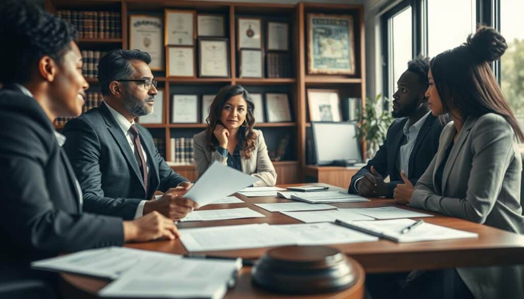 A professional office setting featuring a diverse group of individuals engaged in a legal consultation regarding employment termination. In the foreground, a well-dressed lawyer advises a concerned client, with documents spread on the table, symbolizing legal support in termination cases. In the middle ground, a backdrop of shelves filled with legal books and framed certificates adds depth, while a large window lets in natural light, creating a warm and inviting atmosphere. The scene is shot with a Sony A7R IV at 70mm, ensuring clear focus and sharp definition of details. A polarized filter enhances the lighting, emphasizing the seriousness of the discussion while maintaining a professional tone throughout the image.