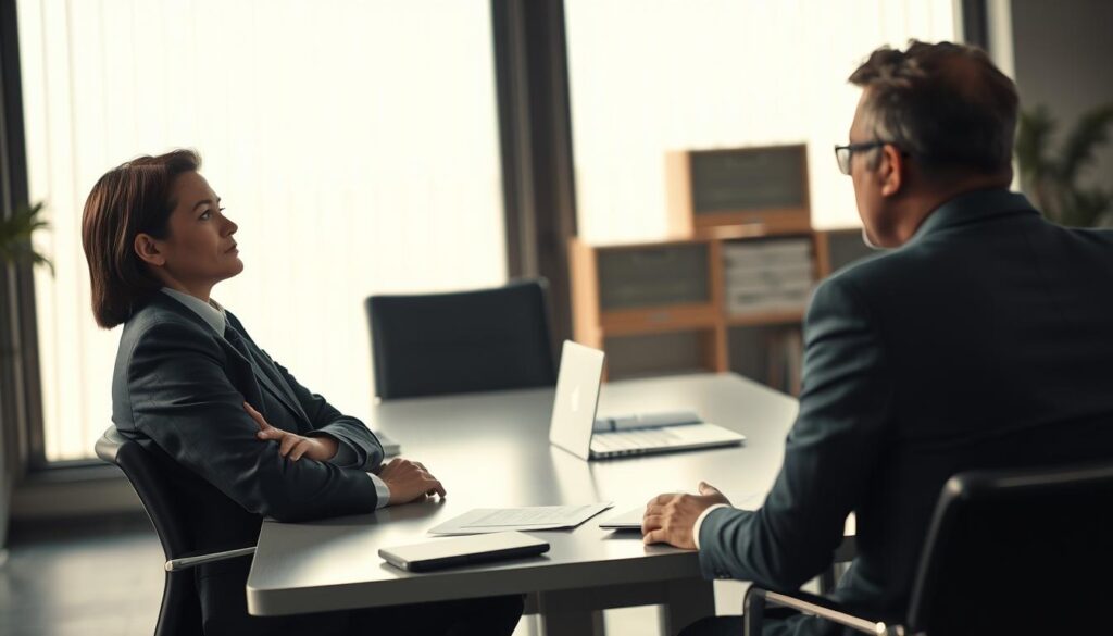 A professional office setting featuring a serious discussion between a manager and an employee. In the foreground, the engaged employee, dressed in a tailored suit, shows a thoughtful expression while looking earnestly at the manager. The manager, also attired in professional business attire, sits across from them, listening intently and maintaining eye contact. In the middle ground, a modern conference table is visible, with a laptop and some documents scattered about, hinting at a work-related topic. The background reveals large windows with soft, diffuse natural light illuminating the scene, creating a calm yet tense atmosphere. Captured with a Sony A7R IV at 70mm, ensuring that both figures are in sharp focus, with a gently blurred background for added depth, conveying the gravity of the conversation.