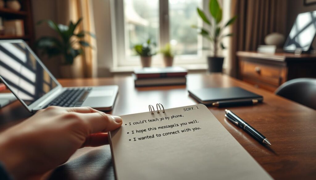 A professional office setting featuring a tasteful wooden desk adorned with a sleek laptop, a closed notebook, and a stylish pen. In the foreground, a hand reaching for a notepad with neatly written polite phrases synonymous with "I couldn’t reach you by phone," such as "I hope this message finds you well," and "I wanted to connect with you." In the middle ground, a large window allows soft, natural light to illuminate the space, creating a warm and inviting atmosphere. In the background, subtle greenery from indoor plants can be seen. The scene is captured with a Sony A7R IV at 70mm, ensuring sharp focus and detailed textures, enhanced by a polarized filter, conveying professionalism and clarity.