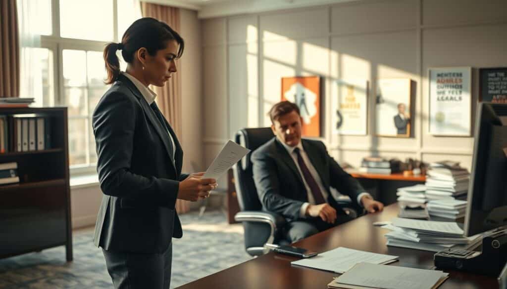 A professional office setting featuring a tense conversation between a boss and an employee. In the foreground, the employee, dressed in smart business attire, has a concerned expression, holding a resignation letter. The boss, also in professional clothing, looks disappointed and contemplative, seated behind a large desk cluttered with paperwork. The middle ground shows an elegant office with a large window allowing soft, natural light to flood the room, casting soft shadows. In the background, there are motivational posters on the walls, hinting at a progressive work environment. The scene captures a mood of tension and reflection, emphasizing the emotional weight of job resignation discussions. Shot on a Sony A7R IV at 70mm with a polarized filter, ensuring crisp details and clarity.