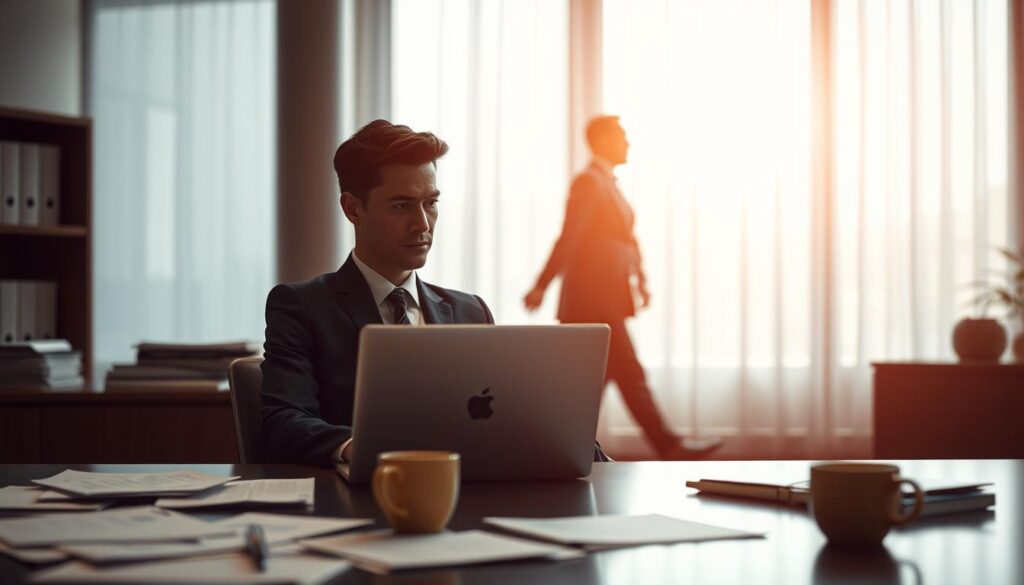A professional office setting, featuring a well-dressed individual sitting alone at a sleek desk, looking thoughtfully at a laptop. In the foreground, there are scattered documents and a coffee mug, signifying contemplation. The middle ground highlights a blurred view of a window with soft, natural light pouring in, creating a calm yet introspective atmosphere. In the background, blurred silhouettes of colleagues can be seen walking past, emphasizing a sense of isolation. The composition captures a moment of reflection on a career break, conveying both seriousness and hope. Shot on a Sony A7R IV at 70mm, clearly focused, with a polarized filter for vivid detailing and sharp definition. The mood is contemplative and professional.