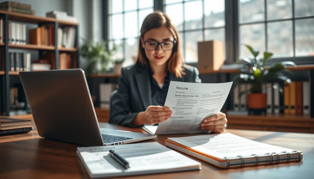 A professional office setting featuring a well-organized desk with a laptop open to a digital resume. In the foreground, a pair of neatly printed reference letters is prominently displayed next to a stylish notebook and a sleek pen. In the middle, a confident individual dressed in professional business attire, a woman with glasses, is intently reviewing the documents, showcasing an expression of determination and focus. The background features soft-focus shelves lined with books and a potted plant, creating a warm and inviting atmosphere. The lighting is bright and natural, filtering through large windows, casting soft shadows. Shot with a Sony A7R IV at 70mm, clearly focused and sharply defined, using a polarized filter for enhanced clarity and depth. The overall mood conveys professionalism and preparation in the job application process.