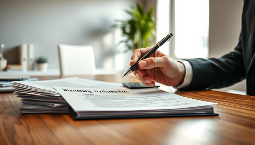 A professional office setting featuring a well-organized wooden desk with a stack of documents labeled "Kündigung Arbeitsverhältnis" prominently displayed. In the foreground, a person's hand in a sleek business suit holds a pen over a resignation letter, indicating action. The middle ground shows the blurred outline of a modern office chair and a large window letting in soft, natural light, creating a welcoming atmosphere. In the background, a potted plant adds a touch of greenery, complementing the neutral color palette of the room. The image is captured with a Sony A7R IV at 70mm, sharply focused on the documents and hand, with a polarized filter enhancing clarity and texture. Overall, the mood conveys professionalism and seriousness around job resignation.