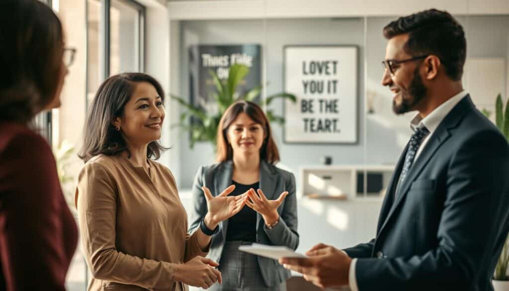 A professional office setting filled with natural light, focusing on a group of diverse business professionals engaging in a collaborative discussion. In the foreground, a middle-aged woman of Asian descent is confidently presenting ideas, while a Black man in his thirties listens attentively, taking notes. In the middle, a younger Caucasian woman gestures enthusiastically, reflecting trust and integrity among colleagues. The background features a modern office with glass walls, lush plants, and motivational artwork subtly displayed. The lighting is bright and warm, creating an inviting atmosphere of teamwork and integrity. Shot on Sony A7R IV at 70mm, clearly focused and sharply defined, using a polarized filter to enhance colors and reduce glare. This image captures the essence of trust in the workplace, embodying professionalism and collaboration. A professional office setting filled with natural light, focusing on a group of diverse business professionals engaging in a collaborative discussion. In the foreground, a middle-aged woman of Asian descent is confidently presenting ideas, while a Black man in his thirties listens attentively, taking notes. In the middle, a younger Caucasian woman gestures enthusiastically, reflecting trust and integrity among colleagues. The background features a modern office with glass walls, lush plants, and motivational artwork subtly displayed. The lighting is bright and warm, creating an inviting atmosphere of teamwork and integrity. Shot on Sony A7R IV at 70mm, clearly focused and sharply defined, using a polarized filter to enhance colors and reduce glare. This image captures the essence of trust in the workplace, embodying professionalism and collaboration.