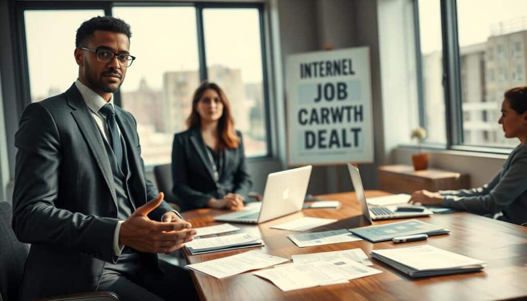 A professional office setting focusing on a small group of four individuals engaged in a discussion about internal job interviews. In the foreground, a diverse man in a tailored suit gestures thoughtfully, conveying a sense of confidence. Beside him, a woman in smart business attire takes notes, looking contemplative. In the middle, a wooden conference table is cluttered with resumes and a laptop, indicating an ongoing interview process. The background features large windows allowing natural light to flood the room, creating an inviting atmosphere. A soft focus on a motivational poster about career growth is seen in the distance. Captured with a Sony A7R IV at 70mm, the lighting is bright and professional, while the overall mood conveys seriousness and determination.