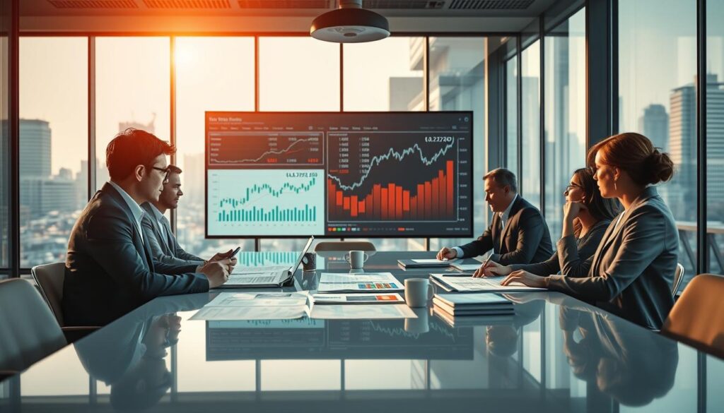 A professional office setting focusing on the challenges of creating trade balances. In the foreground, a diverse group of business professionals in business attire, thoughtfully reviewing complex charts and financial documents on a sleek conference table. The middle ground features a large digital screen displaying fluctuating graphs and data points, highlighting trade deficits and surpluses. In the background, large windows indicate a bustling cityscape, with soft natural light streaming in, creating a warm and productive atmosphere. The composition is shot with a Sony A7R IV at 70mm, ensuring sharp focus and definition, enhanced by a polarized filter to reduce glare. The mood conveys seriousness and diligence, reflecting the complexities and challenges of financial analysis.