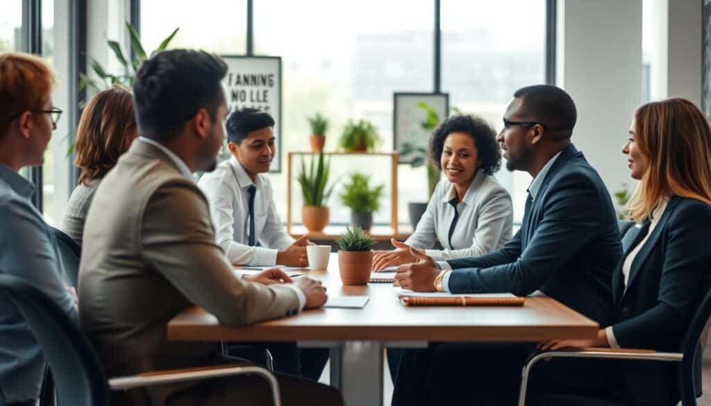 A professional office setting illustrating practical strategies for healthy boundaries in the workplace. In the foreground, a diverse group of colleagues, dressed in smart business attire, engages in a respectful discussion at a modern conference table, showcasing teamwork and professionalism. In the middle ground, a well-organized workspace with plants and motivational decor enhances the atmosphere of productivity. In the background, large windows allow natural light to flood the room, creating a warm and inviting ambiance. The scene is shot with a Sony A7R IV at 70mm, using a polarized filter for clarity and definition. The overall mood is focused, collaborative, and uplifting, emphasizing the importance of maintaining professional boundaries. A professional office setting illustrating practical strategies for healthy boundaries in the workplace. In the foreground, a diverse group of colleagues, dressed in smart business attire, engages in a respectful discussion at a modern conference table, showcasing teamwork and professionalism. In the middle ground, a well-organized workspace with plants and motivational decor enhances the atmosphere of productivity. In the background, large windows allow natural light to flood the room, creating a warm and inviting ambiance. The scene is shot with a Sony A7R IV at 70mm, using a polarized filter for clarity and definition. The overall mood is focused, collaborative, and uplifting, emphasizing the importance of maintaining professional boundaries.