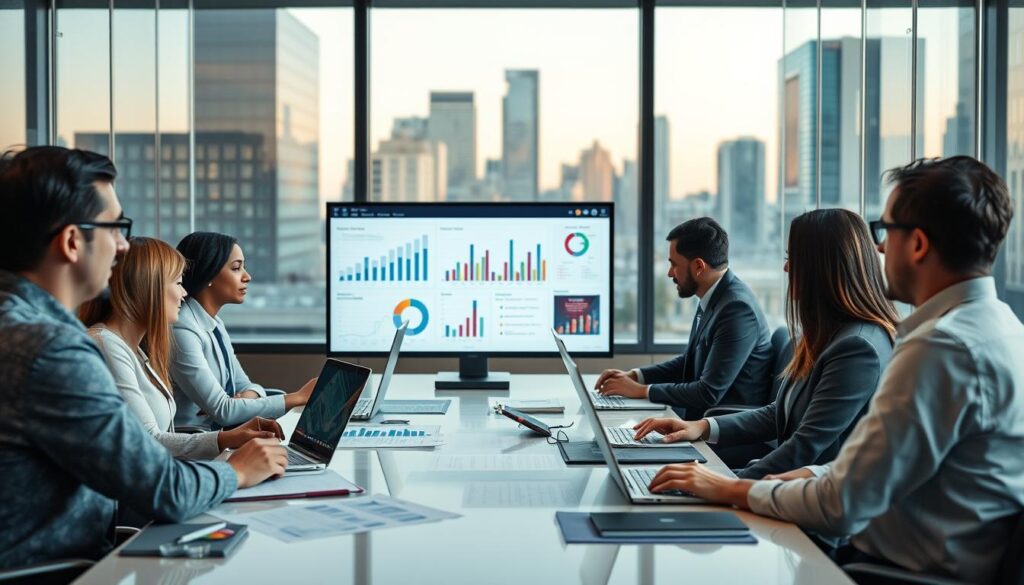 A professional office setting illustrating the practical application of New Public Management (NPM) in public administration. In the foreground, a diverse group of professionals in business attire is engaged in a collaborative discussion around a modern conference table covered with documents, laptops, and charts. In the middle ground, a large digital screen displays data graphs and key performance indicators related to public management. The background features glass walls showing vibrant city life, suggesting transparency and progress. The scene is illuminated with soft, natural light, enhancing the focused atmosphere of productivity and innovation. Shot on a Sony A7R IV with a 70mm lens, the image is sharply defined with a polarized filter for clarity, conveying a sense of professionalism and forward-thinking.