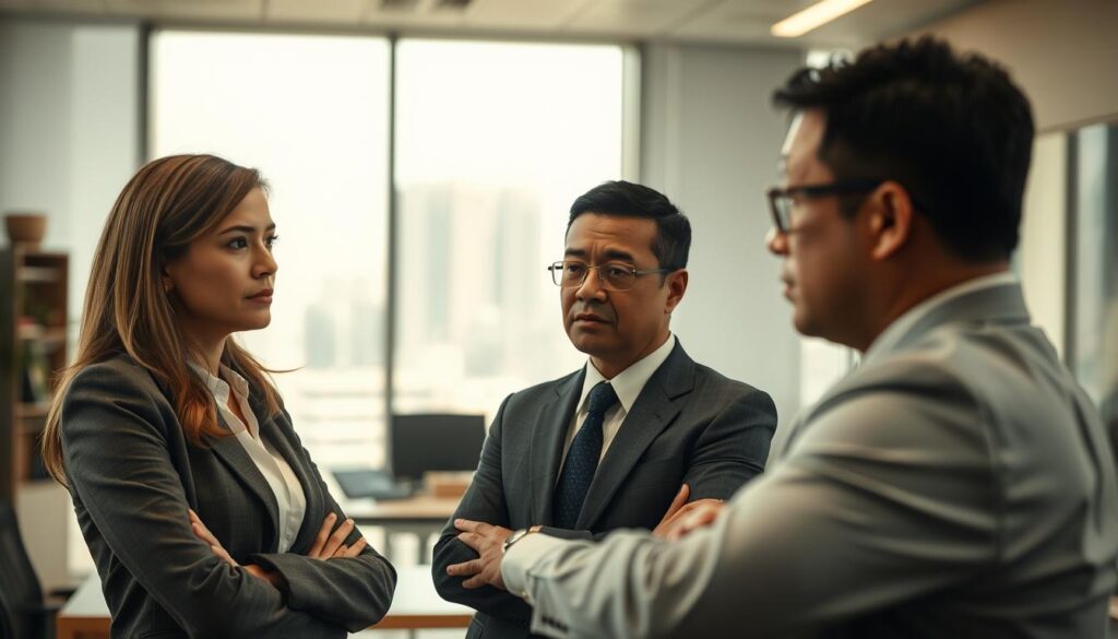 A professional office setting illustrating the theme of discrimination protection in termination cases. In the foreground, a diverse group of three figures: a Caucasian woman and an Asian man in business attire, discussing intensely, with expressions of concern on their faces. In the middle ground, a modern office with a large window showing a blurred cityscape, evoking a sense of urgency and tension. Soft, natural light streams through the window, creating a warm yet serious atmosphere. The focus is sharp, with a slight bokeh effect on the background to emphasize the discussion. Shot on a Sony A7R IV at 70mm, utilizing a polarized filter to enhance clarity and contrast, capturing the essence of workplace dynamics during challenging discussions.