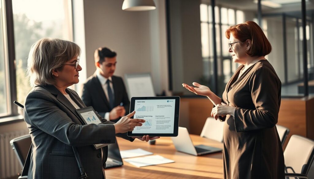 A professional office setting showcasing a diverse group of business professionals engaged in a discussion about exceptions to notice periods for small businesses and temporary workers. In the foreground, a middle-aged woman in a smart blazer points to a digital tablet displaying graphs and bullet points. To the left, a young man in a business suit takes notes, while to the right, a woman in a modest dress gestures thoughtfully. The middle ground features a conference table with legal documents and a laptop. The background displays a modern office environment with large windows letting in soft, natural light, casting gentle shadows. Use a warm color palette to create an inviting atmosphere. Shot on Sony A7R IV 70mm, clearly focused, sharply defined, with a polarized filter for enhanced detail.