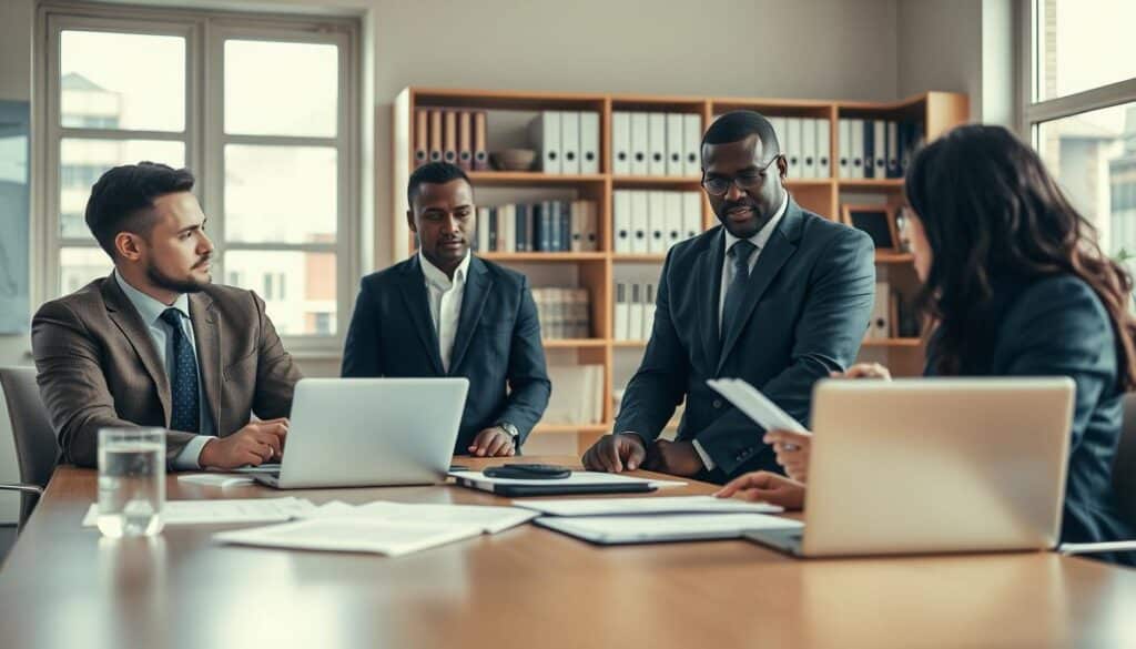 A professional office setting showcasing a diverse group of employees engaged in a discussion about employment tenure and notice periods. In the foreground, three well-dressed individuals—two men and one woman—are gathered around a conference table with laptops and legal documents. The middle ground features a large window with natural light pouring in, illuminating the workplace and creating a warm atmosphere. In the background, office shelves lined with books and resources on labor law can be seen. The composition is shot with a Sony A7R IV at 70mm, ensuring clarity and sharpness, while a polarized filter enhances the brightness of the scene. The mood is focused and collaborative, highlighting the subject of short employment durations and unique termination regulations.