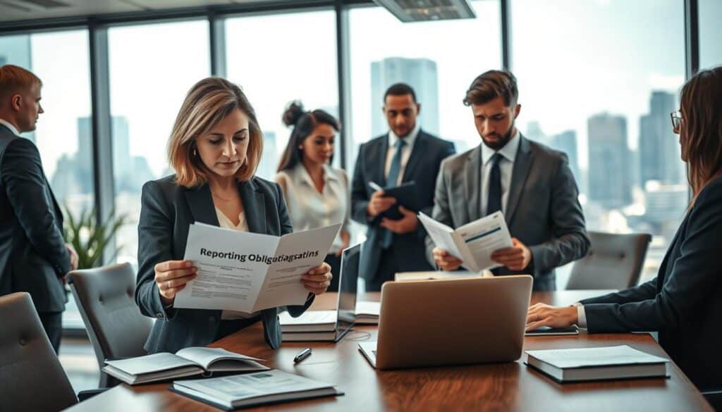 A professional office setting showcasing a diverse group of employees engaged in discussions about compliance and privacy in labor law. In the foreground, a middle-aged woman in business attire examines a document labeled "Reporting Obligations" while a young man, also dressed in formal attire, uses a laptop to analyze data on privacy regulations. The middle layer features a conference table with legal books, laptops, and notepads, creating a sense of collaboration. In the background, large windows allow natural light to flood the room, reflecting a city skyline, symbolizing the corporate environment. The atmosphere is serious yet collaborative, emphasizing the importance of regulatory compliance. Shot on Sony A7R IV at 70mm, with clear focus and sharp definition, using a polarized filter to enhance details and contrast.