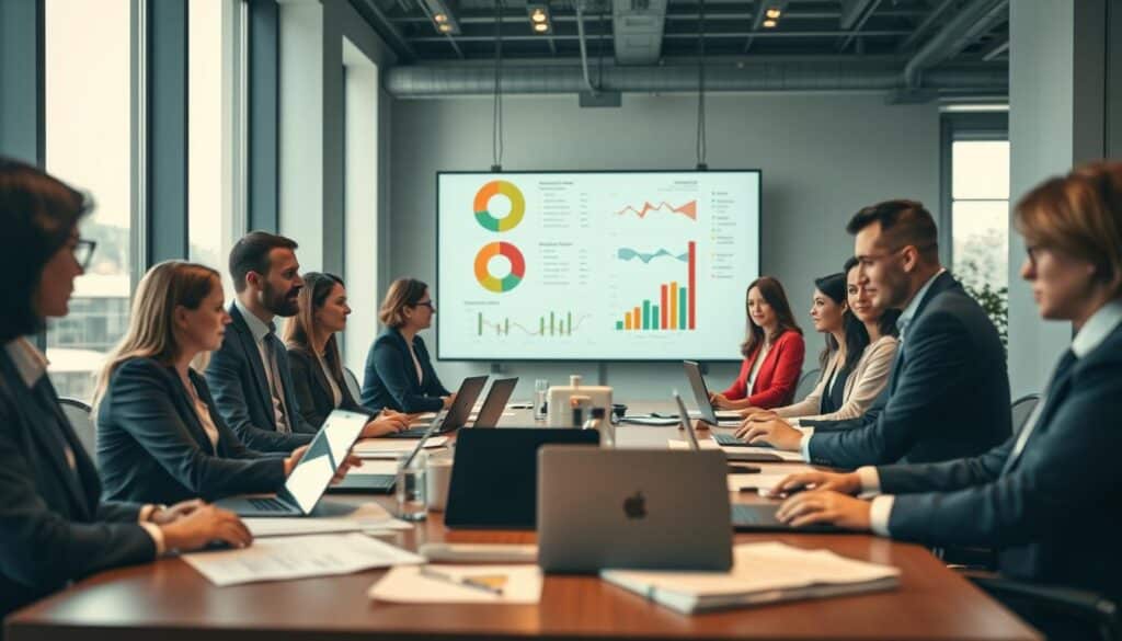 A professional office setting showcasing a team engaged in "Kundenanalysen im Key Account Management." In the foreground, a diverse group of business professionals, dressed in sharp business attire, are gathered around a conference table filled with charts, graphs, and laptops. In the middle ground, a large screen displays a detailed pie chart and bar graphs visualizing customer data and market trends. The background features a modern office with large windows letting in soft, natural light that enhances the atmosphere of collaboration and focus. Shot on a Sony A7R IV at 70mm, the image is clearly focused and sharply defined, utilizing a polarized filter to reduce glare and enhance the clarity, capturing a mood of productive teamwork and strategic planning.