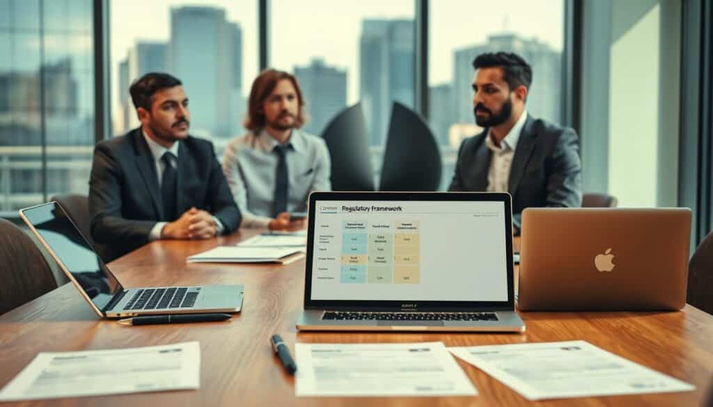 A professional office setting showcasing corporate governance elements. In the foreground, a wooden conference table with sleek laptops, legal documents, and a laptop displaying a regulatory framework chart. In the middle, a diverse group of three professionals—two men and one woman—in business attire, engaged in a discussion, their faces showing thoughtfulness. The background features a large window with city skyline views, casting soft natural light across the scene. The image is captured with a Sony A7R IV at 70mm, ensuring clarity and sharp definition, using a polarized filter to enhance color contrast. The atmosphere is serious but collaborative, evoking a sense of professionalism and diligence in corporate governance.