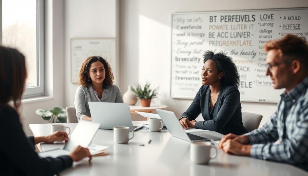 A professional office setting showcasing examples of perseverance in the workplace. In the foreground, a diverse group of three focused individuals—two women and one man—are engaged in a brainstorming session, surrounded by charts and documents. The middle ground features a modern conference table with laptops and coffee mugs, while a whiteboard filled with motivational quotes is in the background. Soft, natural lighting floods the room from large windows, creating an inspiring atmosphere. The image is captured with a Sony A7R IV at 70mm, ensuring sharp focus on the subjects with a gently blurred background. The mood is determined and collaborative, highlighting teamwork and commitment in overcoming challenges. A professional office setting showcasing examples of perseverance in the workplace. In the foreground, a diverse group of three focused individuals—two women and one man—are engaged in a brainstorming session, surrounded by charts and documents. The middle ground features a modern conference table with laptops and coffee mugs, while a whiteboard filled with motivational quotes is in the background. Soft, natural lighting floods the room from large windows, creating an inspiring atmosphere. The image is captured with a Sony A7R IV at 70mm, ensuring sharp focus on the subjects with a gently blurred background. The mood is determined and collaborative, highlighting teamwork and commitment in overcoming challenges.