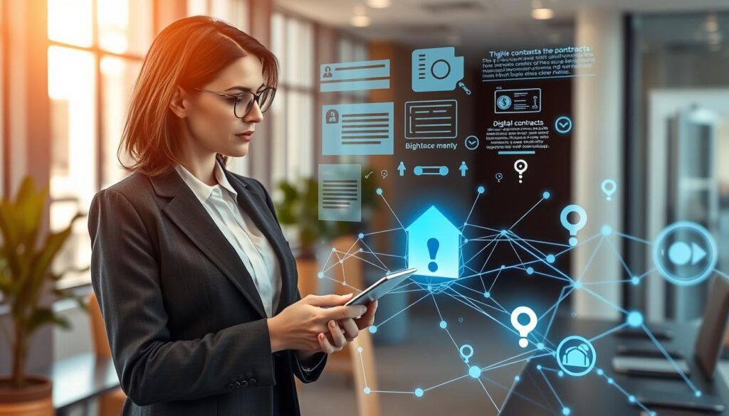 A professional office setting showcasing the concept of digital contracts. In the foreground, depict a well-dressed business professional, a woman in a smart suit, examining a holographic display of digital contracts and blockchain elements, illustrating the new technology's intricacies. In the middle ground, include an abstract representation of a digital network, symbolizing connectivity and potential risks such as cyber threats, with visual elements like warning signs and question marks subtly integrated. The background should depict a modern office space with large windows letting in bright natural light, creating a focused yet dynamic atmosphere. Capture this scene with a Sony A7R IV at 70mm, using a polarized filter for crisp details and sharp contrasts, evoking a mood of professionalism and caution regarding the challenges of digital agreements.