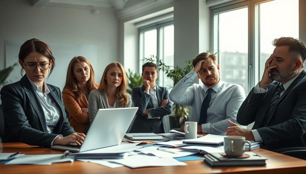 A professional office setting showcasing various expressions of dissatisfaction among workers. In the foreground, a diverse group of employees—two women and a man, all in formal business attire—display frustrated body language; one is looking at a laptop with a frown, another is staring out of a window with a contemplative face, and the third is rubbing his temples in exasperation. The middle ground features a cluttered desk with paperwork and a coffee cup, hinting at workload stress. In the background, large windows let in soft, diffused daylight, casting gentle shadows that create a moody atmosphere of discontent. Shot on a Sony A7R IV at 70mm, the image is sharply focused, highlighting the emotions through a clear and detailed lens.