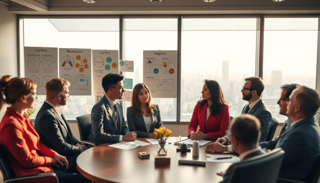 A professional office setting showcasing various methods of conflict resolution. In the foreground, a round table with diverse individuals engaged in a constructive discussion. They are dressed in smart business attire, conveying professionalism. The middle ground features charts and visual aids that illustrate conflict resolution strategies, such as communication techniques and negotiation tactics. In the background, a large window reveals a city skyline, bathed in soft, natural light creating a calm and focused atmosphere. The scene is shot with a Sony A7R IV at 70mm, with clearly defined details and a polarized filter for enhanced clarity. The overall mood is one of collaboration and resolution, promoting a sense of teamwork and problem-solving.