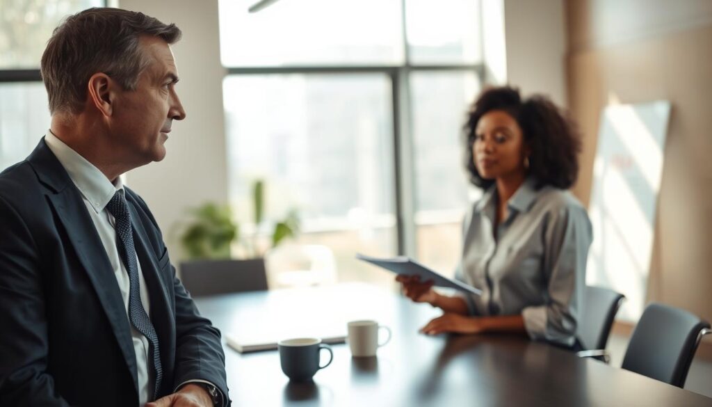 A professional office setting where a manager and employee engage in a constructive conversation. In the foreground, the manager, a middle-aged Caucasian man in a sharp navy suit, leans slightly forward with an attentive expression. The employee, a young Black woman in a business-casual blouse, appears engaged and open, taking notes. In the middle ground, a modern conference table is adorned with a notepad and a coffee cup, signifying an informal yet important meeting. The background features large windows with natural light pouring in, creating a warm and inviting atmosphere. The image has a slightly soft focus for depth, shot on a Sony A7R IV at 70mm, clearly focused and sharply defined, with a polarized filter enhancing the colors and clarity. This scene captures the essence of seeking guidance and motivation in professional communications.