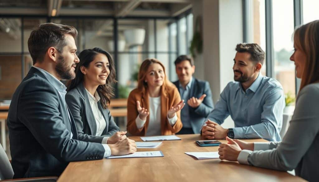 A professional office setting with a diverse group of colleagues engaged in a clear and open discussion around a table. The foreground shows two people, one male and one female, both in business attire, actively listening to each other with expressive body language, conveying understanding and cooperation. In the middle ground, a couple of other team members are contributing ideas with gestures that embody clarity and collaboration. The background features a modern office with large windows, allowing natural light to fill the space, enhancing a warm and inviting atmosphere. The image is shot with a Sony A7R IV at 70mm, ensuring a clear focus on the individuals while slightly blurring the background for depth. The overall mood is one of positivity and effective communication in teamwork.