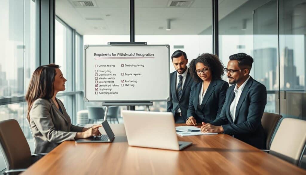 A professional office setting with a focused business discussion. In the foreground, a diverse group of three professionals, dressed in smart business attire, are gathered around a conference table, reviewing documents with serious expressions. In the middle ground, a large whiteboard displays a checklist titled "Requirements for Withdrawal of Resignation," featuring key bullet points, while a laptop rests open beside it. The background features glass walls with an urban skyline view, allowing natural light to flood the space, creating a vibrant and motivating atmosphere. The scene is shot with a Sony A7R IV at 70mm, ensuring a sharp focus on the subjects and details, enhanced through a polarized filter to emphasize clarity and professionalism.