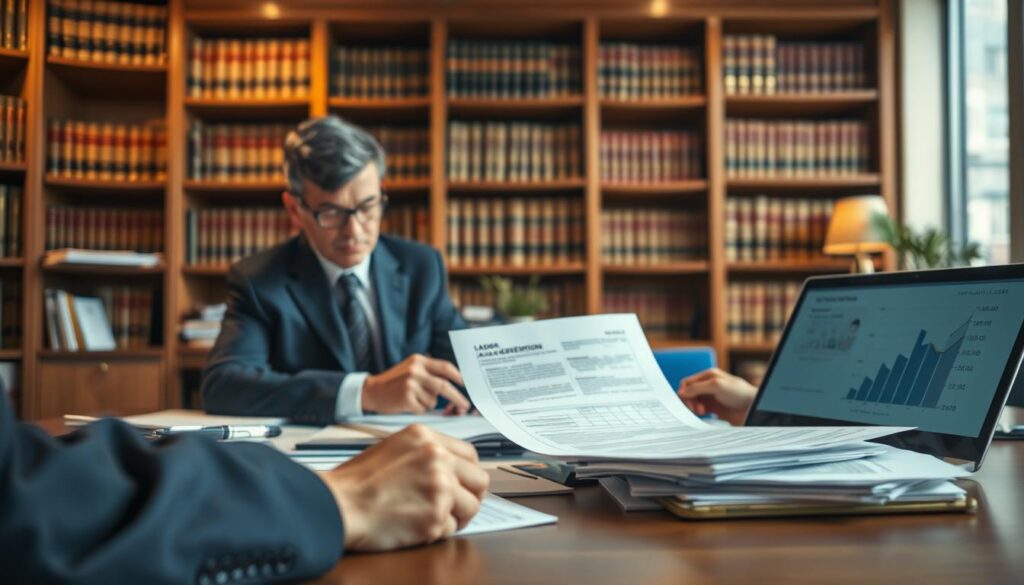A professional office setting with a focused depiction of a desk cluttered with legal documents, including labor agreements and termination notices. In the foreground, a well-dressed business professional, a middle-aged Caucasian male, intently studies a document, wearing a navy suit and glasses. In the middle, an array of papers is organized with a stylish pen, a laptop displaying graphs related to labor relations, and a small plant for a hint of color. The background showcases bookshelves filled with law books, softly lit by warm overhead lighting, creating a serious yet approachable atmosphere. Shot on a Sony A7R IV at 70mm, clearly focused and sharply defined with a polarized filter to enhance clarity and contrast.