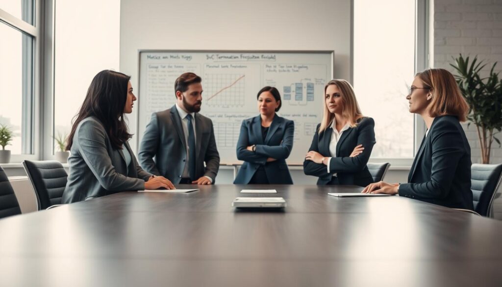 A professional office setting with a large, modern conference table in the foreground, featuring a diverse group of three individuals in professional business attire discussing termination notices during a probation period. The middle ground includes a whiteboard with graphs and notes related to employment rights, emphasizing the theme of Kündigungsfristen (notice periods). The background showcases a large window with natural light streaming in, illuminating the scene and creating a bright, focused atmosphere. Shot on a Sony A7R IV with a 70mm lens, the image is sharply defined with a polarized filter enhancing the clarity and colors. The mood is serious yet collaborative, reflecting the importance of understanding rights during the probation period.