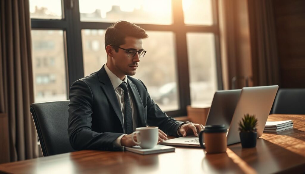 A professional office setting with a well-dressed individual, seated at a sleek wooden desk, looking thoughtfully at a laptop with a notepad beside them. The person is dressed in a formal business suit, exuding a sense of determination and focus. A large window in the background lets in soft, natural light, creating a warm and inviting atmosphere. On the desk, a coffee mug and a small potted plant add a touch of personal flair. The image is captured with a Sony A7R IV at 70mm, ensuring a sharply defined foreground of the individual while maintaining a softly blurred background. The scene conveys a mood of contemplation and professionalism, as the person considers following up after an interview. A professional office setting with a well-dressed individual, seated at a sleek wooden desk, looking thoughtfully at a laptop with a notepad beside them. The person is dressed in a formal business suit, exuding a sense of determination and focus. A large window in the background lets in soft, natural light, creating a warm and inviting atmosphere. On the desk, a coffee mug and a small potted plant add a touch of personal flair. The image is captured with a Sony A7R IV at 70mm, ensuring a sharply defined foreground of the individual while maintaining a softly blurred background. The scene conveys a mood of contemplation and professionalism, as the person considers following up after an interview.