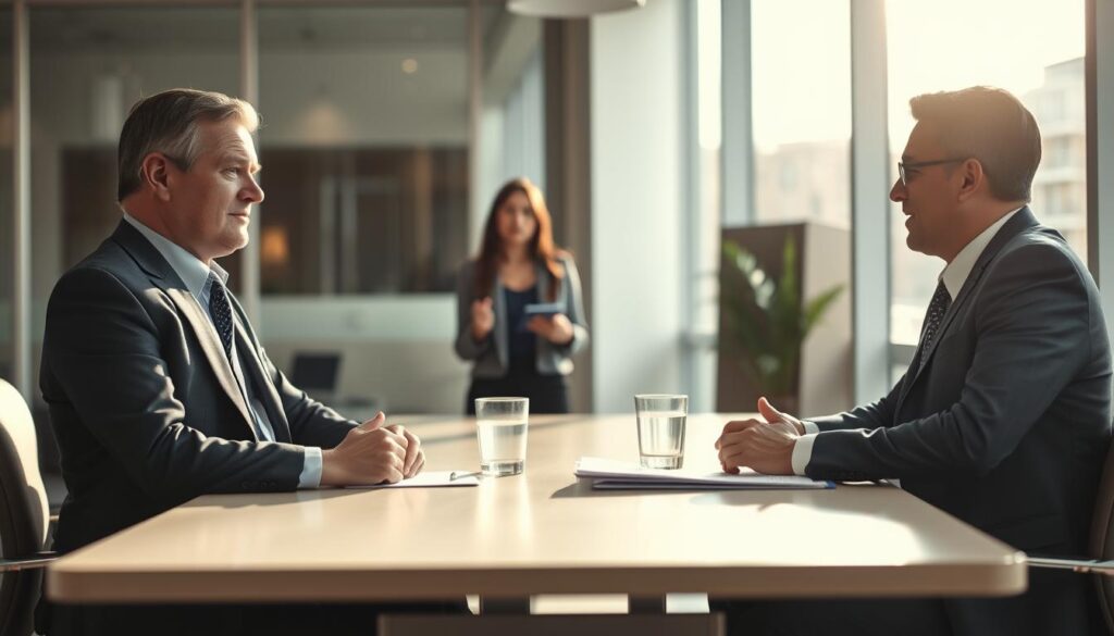 A professional office setting with two individuals engaged in a serious discussion about salary negotiation. In the foreground, a middle-aged man in a tailored suit sits at a modern conference table, looking confident and attentive. In the middle, a woman, dressed in smart casual attire, gestures as she speaks, her expression showing determination and clarity. The background features large windows with soft, natural light filtering in, illuminating the room and creating a positive, engaging atmosphere. The scene captures the importance of proactive communication, reflecting the tension and professionalism of the moment. Shot on Sony A7R IV with a 70mm lens, focused sharply on the subjects, enhanced by a polarized filter for clarity and depth. A professional office setting with two individuals engaged in a serious discussion about salary negotiation. In the foreground, a middle-aged man in a tailored suit sits at a modern conference table, looking confident and attentive. In the middle, a woman, dressed in smart casual attire, gestures as she speaks, her expression showing determination and clarity. The background features large windows with soft, natural light filtering in, illuminating the room and creating a positive, engaging atmosphere. The scene captures the importance of proactive communication, reflecting the tension and professionalism of the moment. Shot on Sony A7R IV with a 70mm lens, focused sharply on the subjects, enhanced by a polarized filter for clarity and depth.