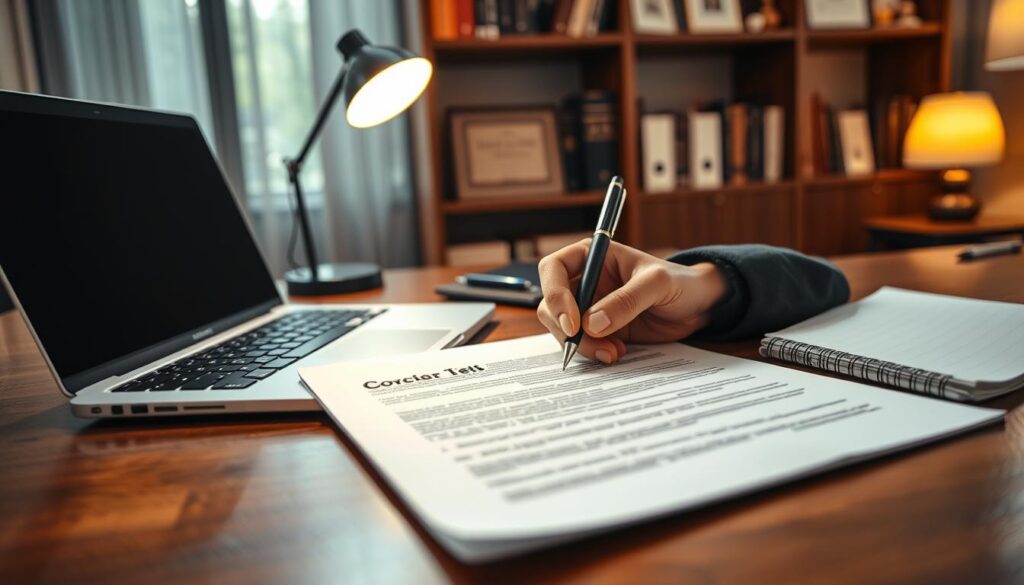 A professional office workspace featuring a neatly organized desk with a laptop, a notepad, and a carefully crafted cover letter laid out. In the foreground, a pair of hands is seen writing with a pen, dressed in smart business attire, conveying focus and determination. In the middle, the soft glow of a desk lamp illuminates the documents, highlighting the importance of thoughtful writing. The background includes a bookshelf filled with motivational books and framed certificates, indicating a successful career journey. The scene is captured using a Sony A7R IV at 70mm, ensuring clear focus and sharp definition. The lighting is warm but professional, creating an inviting and encouraging atmosphere that emphasizes the theme of creating persuasive job applications. A professional office workspace featuring a neatly organized desk with a laptop, a notepad, and a carefully crafted cover letter laid out. In the foreground, a pair of hands is seen writing with a pen, dressed in smart business attire, conveying focus and determination. In the middle, the soft glow of a desk lamp illuminates the documents, highlighting the importance of thoughtful writing. The background includes a bookshelf filled with motivational books and framed certificates, indicating a successful career journey. The scene is captured using a Sony A7R IV at 70mm, ensuring clear focus and sharp definition. The lighting is warm but professional, creating an inviting and encouraging atmosphere that emphasizes the theme of creating persuasive job applications.