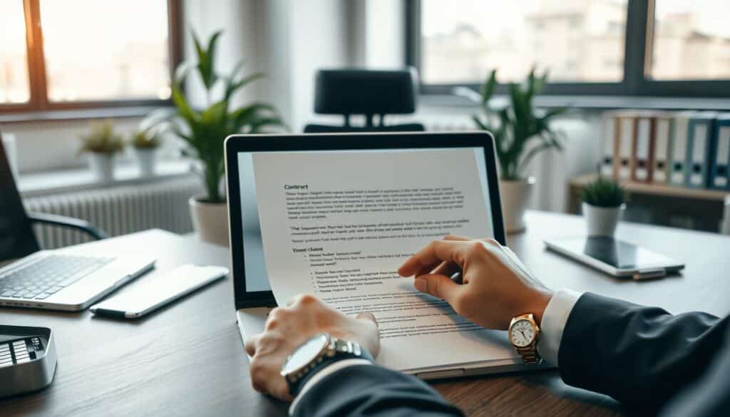 A professional office workspace, featuring a well-organized desk with a laptop open to a contract document discussing employment termination clauses. In the foreground, a pair of hands, adorned with a classic wristwatch, are reviewing the document, emphasizing clarity in the text. The middle area showcases a modern office chair and potted plants, adding a touch of greenery. In the background, a large window bathes the scene in soft, natural light, highlighting the details of the contract. The overall mood is serious yet focused, capturing the essence of professionalism. Shot on a Sony A7R IV using a 70mm lens with a polarized filter, ensuring vivid colors and clear definitions throughout the composition.