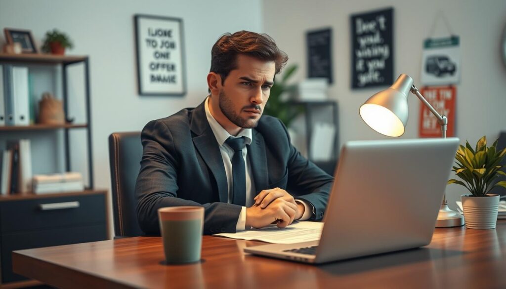 A professional person sitting at a desk in a modern office setting, looking contemplative and slightly concerned after receiving a job offer cancellation. In the foreground, focus on the individual, dressed in professional business attire, with a laptop and a letter of termination on the desk. The middle of the scene includes office elements like a potted plant and a calendar showing the date of the notice. In the background, there are blurred shelves with books and motivational posters. The lighting is soft and warm, creating a thoughtful atmosphere. The image is sharply defined and vividly colored, captured with a Sony A7R IV at 70mm, using a polarized filter to enhance contrast and clarity.
