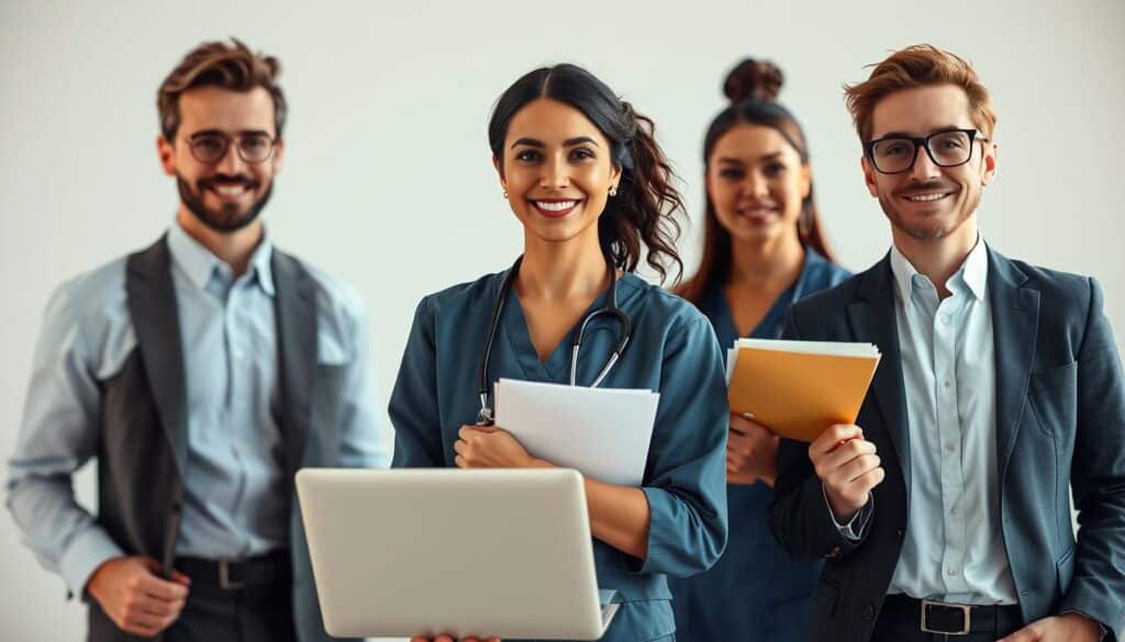 A professional photo shoot featuring candidates for various industries, captured in a clean, well-lit studio environment. In the foreground, showcase four individuals of diverse backgrounds, each dressed in formal business attire appropriate for their fields: a software engineer in smart casual, a corporate lawyer in a sharp suit, a healthcare professional in scrubs, and a creative director in a stylish blazer. The middle ground includes soft-focus props representative of their jobs, like a laptop, legal documents, medical equipment, and design sketches. The background is a subtle gradient that suggests professionalism without distraction. The lighting is bright but soft, highlighting the subjects' faces and creating a warm, inviting atmosphere. The image is shot with a Sony A7R IV at 70mm, using a polarized filter for clarity and vibrancy, enhancing the overall quality and detail. A professional photo shoot featuring candidates for various industries, captured in a clean, well-lit studio environment. In the foreground, showcase four individuals of diverse backgrounds, each dressed in formal business attire appropriate for their fields: a software engineer in smart casual, a corporate lawyer in a sharp suit, a healthcare professional in scrubs, and a creative director in a stylish blazer. The middle ground includes soft-focus props representative of their jobs, like a laptop, legal documents, medical equipment, and design sketches. The background is a subtle gradient that suggests professionalism without distraction. The lighting is bright but soft, highlighting the subjects' faces and creating a warm, inviting atmosphere. The image is shot with a Sony A7R IV at 70mm, using a polarized filter for clarity and vibrancy, enhancing the overall quality and detail.