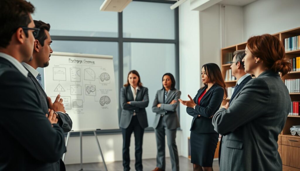A professional psychologist analyzing body language in a well-lit office environment. In the foreground, a diverse group of individuals, dressed in smart business attire, engages in a discussion, showcasing various body language signals such as crossed arms, open palms, and leaning in. The middle ground features a large whiteboard with diagrams illustrating key concepts of body language analysis. The background includes shelves with psychology books and a large window allowing natural light to flood the room, creating a warm atmosphere. The shot is captured with a Sony A7R IV at 70mm, clearly focused and sharply defined, using a polarized filter to enhance the colors and details. The overall mood conveys professionalism and insight into the role of body language in psychology.