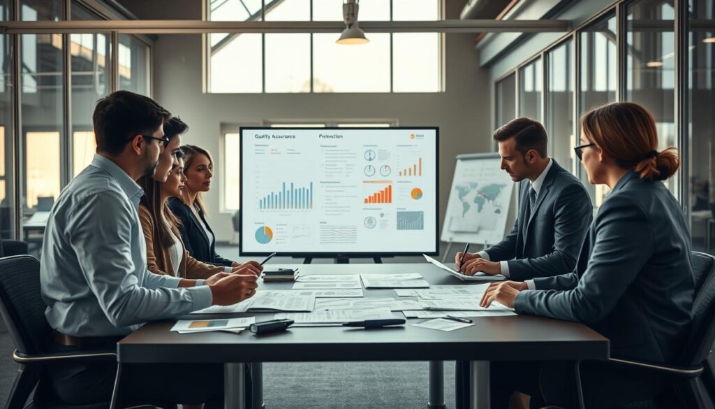 A professional quality assurance team collaborating in a modern office environment, with a focus on preventive measures for error avoidance. In the foreground, a diverse group of five business professionals in formal attire, actively discussing plans around a large table covered with sheets of paper, charts, and quality control tools. In the middle ground, a digital screen displaying graphs and standards, while a whiteboard filled with notes and checklists is visible. The background shows a sleek office space with large windows allowing natural sunlight to illuminate the scene, casting soft shadows. The image captures a mood of diligence and teamwork, emphasizing proactive strategies in quality assurance. Shot on a Sony A7R IV at 70mm, clearly focused and sharply defined, with a polarized filter enhancing color vibrancy and clarity. A professional quality assurance team collaborating in a modern office environment, with a focus on preventive measures for error avoidance. In the foreground, a diverse group of five business professionals in formal attire, actively discussing plans around a large table covered with sheets of paper, charts, and quality control tools. In the middle ground, a digital screen displaying graphs and standards, while a whiteboard filled with notes and checklists is visible. The background shows a sleek office space with large windows allowing natural sunlight to illuminate the scene, casting soft shadows. The image captures a mood of diligence and teamwork, emphasizing proactive strategies in quality assurance. Shot on a Sony A7R IV at 70mm, clearly focused and sharply defined, with a polarized filter enhancing color vibrancy and clarity.