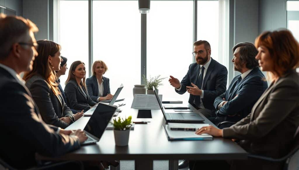 A professional scene depicting a business meeting in a modern office setting, focusing on a corporate representative presenting the advantages and disadvantages of an Aufhebungsvertrag (termination agreement). In the foreground, an attentive group of diverse individuals in professional business attire, engaged in discussion, with one person gesturing towards a large document on the table. The middle layer features a sleek conference table with paperwork, laptops, and a potted plant adding a touch of life. The background shows large windows allowing natural light to flood the room, casting soft shadows. The atmosphere is serious yet collaborative, highlighting the crucial decision-making moment. The image is shot with a Sony A7R IV at 70mm, ensuring clear focus and sharp definitions, enhanced by a polarized filter to manage reflections.