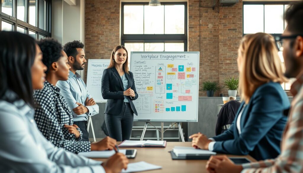 A professional setting depicting a diverse group of employees in an office environment, engaged in a meaningful discussion about workplace engagement strategies. In the foreground, a confident woman in business attire is leading the conversation, with her colleagues attentively listening, showing determination and positive body language. In the middle ground, a whiteboard displays diagrams and strategies for counteracting disengagement, filled with colorful notes and charts. The background features large windows letting in natural light, creating a warm and hopeful atmosphere, with soft shadows adding depth. Shot on a Sony A7R IV at 70mm, ensuring clarity and focus on the subjects while softly blurring the background for a professional lens effect. The overall mood is constructive and inspiring, emphasizing teamwork and proactive solutions. A professional setting depicting a diverse group of employees in an office environment, engaged in a meaningful discussion about workplace engagement strategies. In the foreground, a confident woman in business attire is leading the conversation, with her colleagues attentively listening, showing determination and positive body language. In the middle ground, a whiteboard displays diagrams and strategies for counteracting disengagement, filled with colorful notes and charts. The background features large windows letting in natural light, creating a warm and hopeful atmosphere, with soft shadows adding depth. Shot on a Sony A7R IV at 70mm, ensuring clarity and focus on the subjects while softly blurring the background for a professional lens effect. The overall mood is constructive and inspiring, emphasizing teamwork and proactive solutions.
