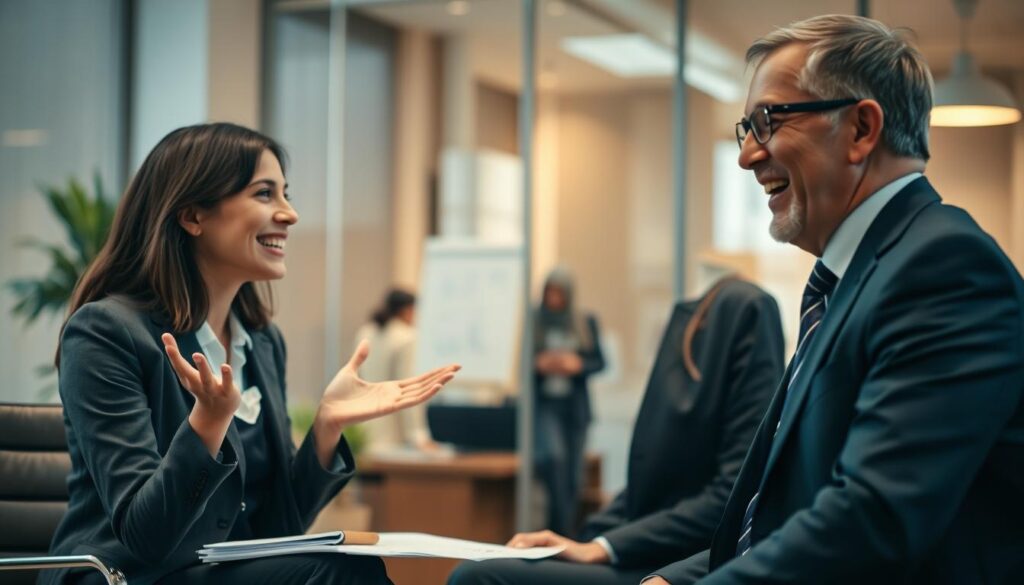A professional setting depicting a lighthearted job interview scene. In the foreground, an interviewer and interviewee, both in smart business attire, share a moment of laughter, showcasing positive engagement. The interviewee, a young woman with a confident yet approachable demeanor, gestures animatedly, while the interviewer, a middle-aged man with glasses, leans slightly forward, clearly enjoying the exchange. In the middle ground, a desk with neat documents and a small plant adds to the atmosphere. In the background, a softly blurred office space features warm lighting, enhancing the positive mood. The image should be shot with a Sony A7R IV with a 70mm lens, clearly focused on the subjects, using a polarized filter to enrich the colors and clarity. The overall atmosphere is inviting and cheerful, highlighting the benefits of humor in communication. A professional setting depicting a lighthearted job interview scene. In the foreground, an interviewer and interviewee, both in smart business attire, share a moment of laughter, showcasing positive engagement. The interviewee, a young woman with a confident yet approachable demeanor, gestures animatedly, while the interviewer, a middle-aged man with glasses, leans slightly forward, clearly enjoying the exchange. In the middle ground, a desk with neat documents and a small plant adds to the atmosphere. In the background, a softly blurred office space features warm lighting, enhancing the positive mood. The image should be shot with a Sony A7R IV with a 70mm lens, clearly focused on the subjects, using a polarized filter to enrich the colors and clarity. The overall atmosphere is inviting and cheerful, highlighting the benefits of humor in communication.