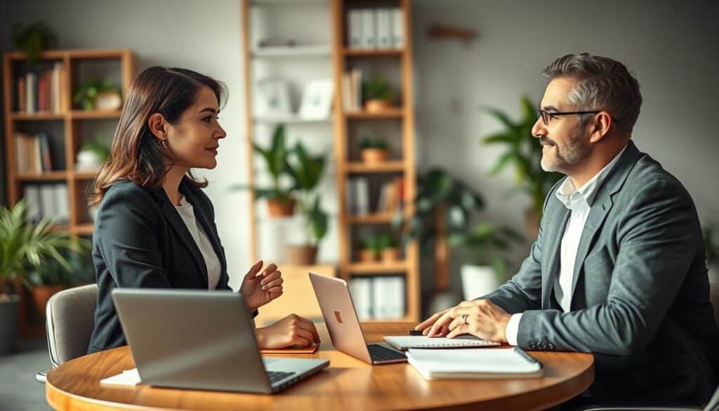 A professional setting depicting active listening during a business meeting. In the foreground, two individuals are engaged in a focused conversation: one is a woman in a tailored black blazer and a white blouse, attentively leaning forward, showing interest, with her hands gently clasped. Opposite her is a man in a gray suit, nodding slightly, with an expression of empathy and understanding. In the middle ground, a round conference table filled with notebooks and a laptop, emphasizing collaboration. The background features a softly blurred office space with shelves of books and plants, creating a warm, inviting atmosphere. Shot on a Sony A7R IV at 70mm, utilizing a polarized filter for sharp clarity and detail. The lighting is bright and natural, evoking a positive and professional mood.