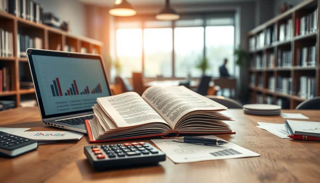 A professional setting depicting the concept of "gesetzliche Anforderungen zur Buchführung." In the foreground, a neatly arranged desk featuring a laptop displaying financial documents, accounting books, and a calculator. The middle ground shows an open law book with highlighted sections, symbolizing legal requirements, and a few financial graphs scattered around. In the background, a softly blurred office environment with bookshelves filled with business literature and a large window letting in natural light, creating a warm and inviting atmosphere. Shot on a Sony A7R IV, 70mm lens, clearly focused with a sharply defined image, using a polarized filter to enhance the colors. The mood is serious yet professional, ideal for conveying the importance of legal compliance in accounting practices.