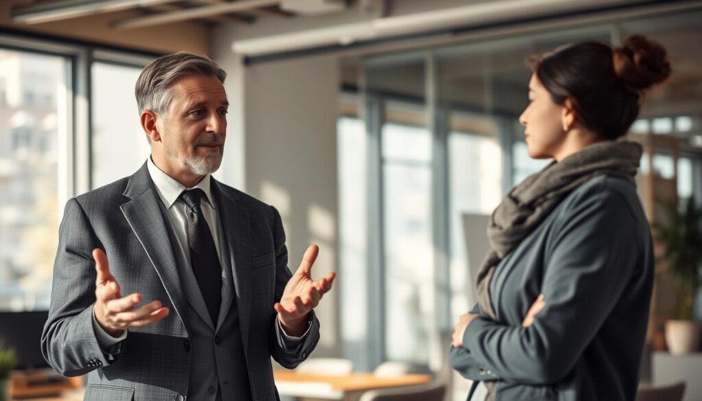 A professional setting depicting two diverse individuals engaged in a respectful conversation, illustrating the concept of "Ich-Botschaften". In the foreground, a middle-aged male in a tailored suit is expressing himself clearly with hand gestures, while a young female in modest casual attire listens attentively, nodding in understanding. The background features a modern office environment with soft natural lighting filtering through large windows, creating a warm and inviting atmosphere. The scene is shot from a slightly elevated angle to capture the nuances of their expressions and body language. Use a Sony A7R IV with a 70mm lens, ensuring a clear focus on the subjects while maintaining a softly blurred background, enhancing the sense of intimacy in their communication.