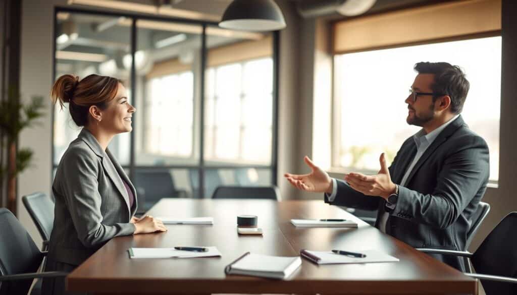 A professional setting depicting two individuals engaged in active listening during a communication session. In the foreground, a focused woman in business attire attentively listens, her body language open and inviting, while a man in smart casual clothing speaks with hand gestures, illustrating clarity and engagement. The middle ground features a modern conference table adorned with notebooks and pens, emphasizing a collaborative environment. In the background, large windows illuminate the space with natural light, creating a warm, inviting atmosphere. Shot with a Sony A7R IV at 70mm, the image should be sharply defined, with a polarized filter enhancing the clarity of details and colors. The mood is calm and supportive, reflecting effective conflict resolution strategies through active listening. A professional setting depicting two individuals engaged in active listening during a communication session. In the foreground, a focused woman in business attire attentively listens, her body language open and inviting, while a man in smart casual clothing speaks with hand gestures, illustrating clarity and engagement. The middle ground features a modern conference table adorned with notebooks and pens, emphasizing a collaborative environment. In the background, large windows illuminate the space with natural light, creating a warm, inviting atmosphere. Shot with a Sony A7R IV at 70mm, the image should be sharply defined, with a polarized filter enhancing the clarity of details and colors. The mood is calm and supportive, reflecting effective conflict resolution strategies through active listening.