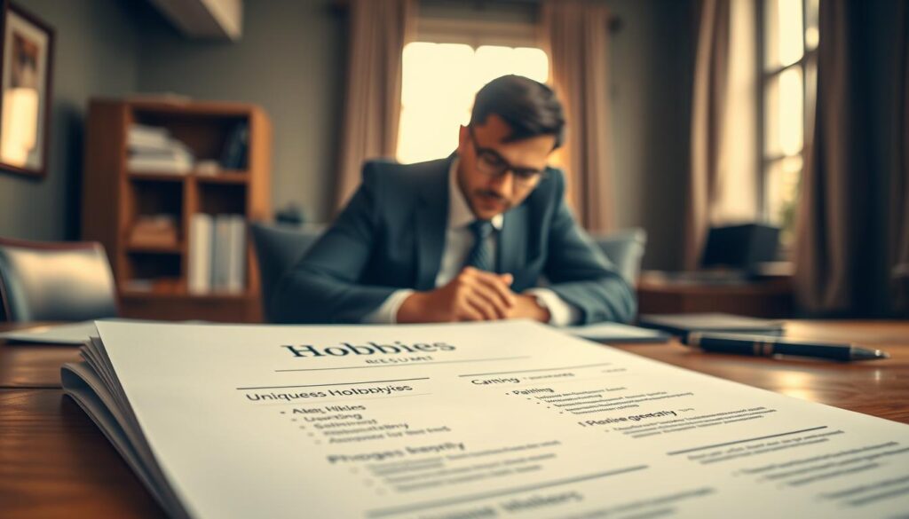 A professional setting featuring a close-up of a neatly arranged resume on a wooden desk. In the foreground, an elegant resume highlights the “Hobbies” section, showcasing unique hobbies like painting, hiking, and photography. In the middle, a business professional, dressed in professional attire, leans slightly over the resume, examining it thoughtfully. The background consists of a softly blurred office space, with warm, natural lighting pouring in from a nearby window, casting soft shadows. The mood exudes focus and intention, emphasizing the importance of hobby placement in a resume. Shot with a Sony A7R IV at 70mm, ensuring sharp definition and clarity, complemented by a polarized filter for enhanced contrast and color. A professional setting featuring a close-up of a neatly arranged resume on a wooden desk. In the foreground, an elegant resume highlights the “Hobbies” section, showcasing unique hobbies like painting, hiking, and photography. In the middle, a business professional, dressed in professional attire, leans slightly over the resume, examining it thoughtfully. The background consists of a softly blurred office space, with warm, natural lighting pouring in from a nearby window, casting soft shadows. The mood exudes focus and intention, emphasizing the importance of hobby placement in a resume. Shot with a Sony A7R IV at 70mm, ensuring sharp definition and clarity, complemented by a polarized filter for enhanced contrast and color.