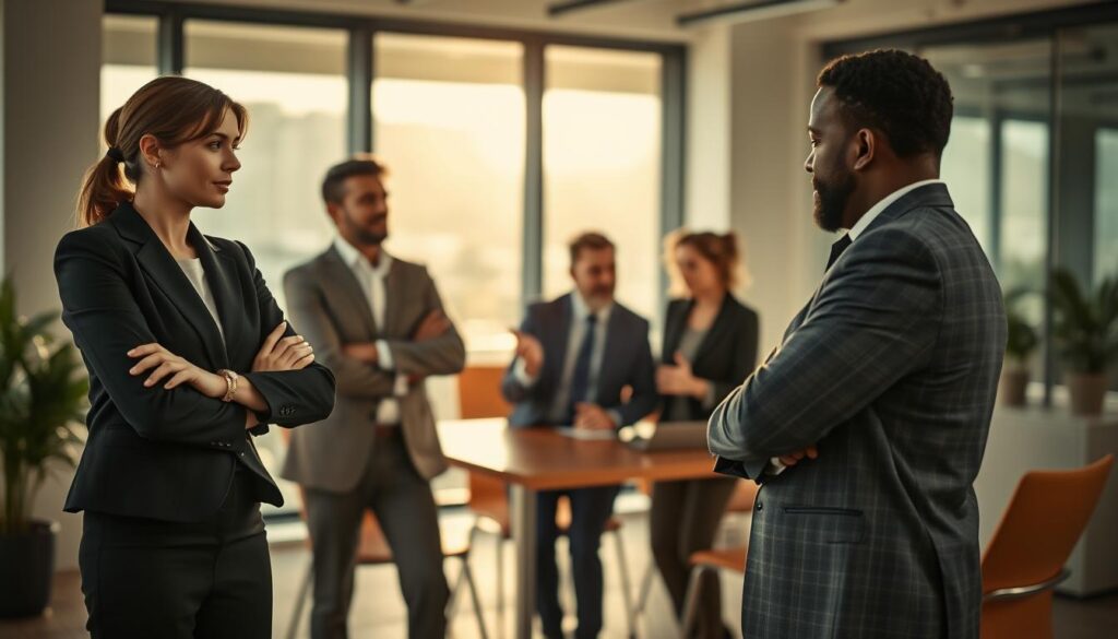 A professional setting featuring a diverse group of individuals engaged in a discussion, each displaying distinct body language signals. In the foreground, a woman in a smart business outfit stands with her arms crossed, illustrating defensiveness, while a man beside her leans forward with an open posture, showing interest and engagement. In the middle, a couple seated at a table appears to be exchanging ideas, with one nodding positively and the other gesturing expressively. The background includes a modern office environment with soft, natural lighting streaming through large windows, creating a warm atmosphere. The image is shot with a Sony A7R IV at 70mm, ensuring sharp focus and clarity, enhanced by a polarized filter. The overall mood conveys a sense of understanding and connection in communication through body language.