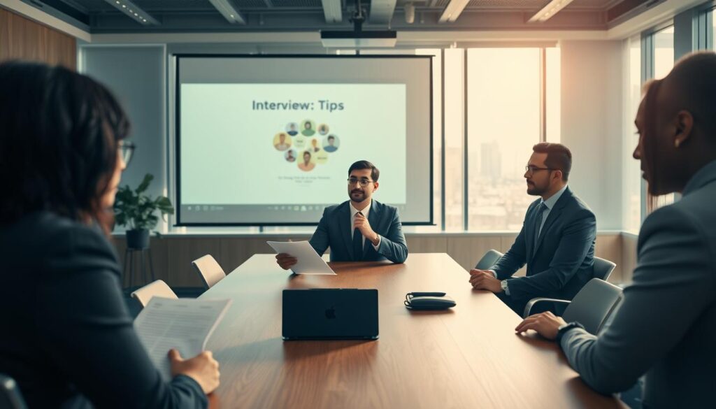 A professional setting featuring a diverse group of individuals engaged in a mock job interview. In the foreground, a confident candidate in smart business attire, holding a resume, sits across from a recruiter dressed in formal business clothing, both displaying positive body language. The middle layer shows a sleek conference room with a large wooden table, modern chairs, and a projector displaying a presentation about interview tips. In the background, soft lighting creates a warm atmosphere, with a large window allowing natural light to filter in, revealing a cityscape outside. The scene is captured with a Sony A7R IV at 70mm, ensuring crisp details and sharp focus, enhanced by a polarized filter to reduce glare and bring out colors. The overall mood is focused, professional, and encouraging, emphasizing preparation and confidence in job interviews.