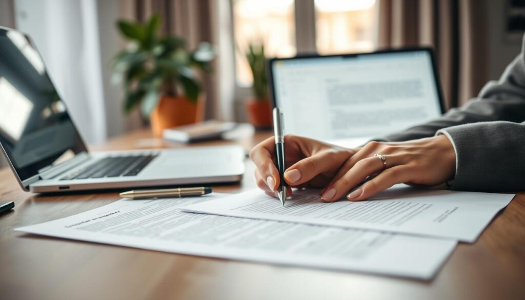 A professional setting featuring a neatly arranged desk with essential application materials, including a well-crafted cover letter, a neatly formatted resume, and a polished pen. In the foreground, a pair of hands, elegantly manicured, are poised over a notepad, writing important notes. The middle ground showcases a blurred laptop displaying a job listing. In the background, soft, natural lighting filters through a window, casting a warm glow on a potted plant to the side, adding a touch of life to the scene. The composition aims to convey focus and professionalism, shot on Sony A7R IV with a 70mm lens, clearly focused, sharply defined, enhanced by a polarized filter for richness.